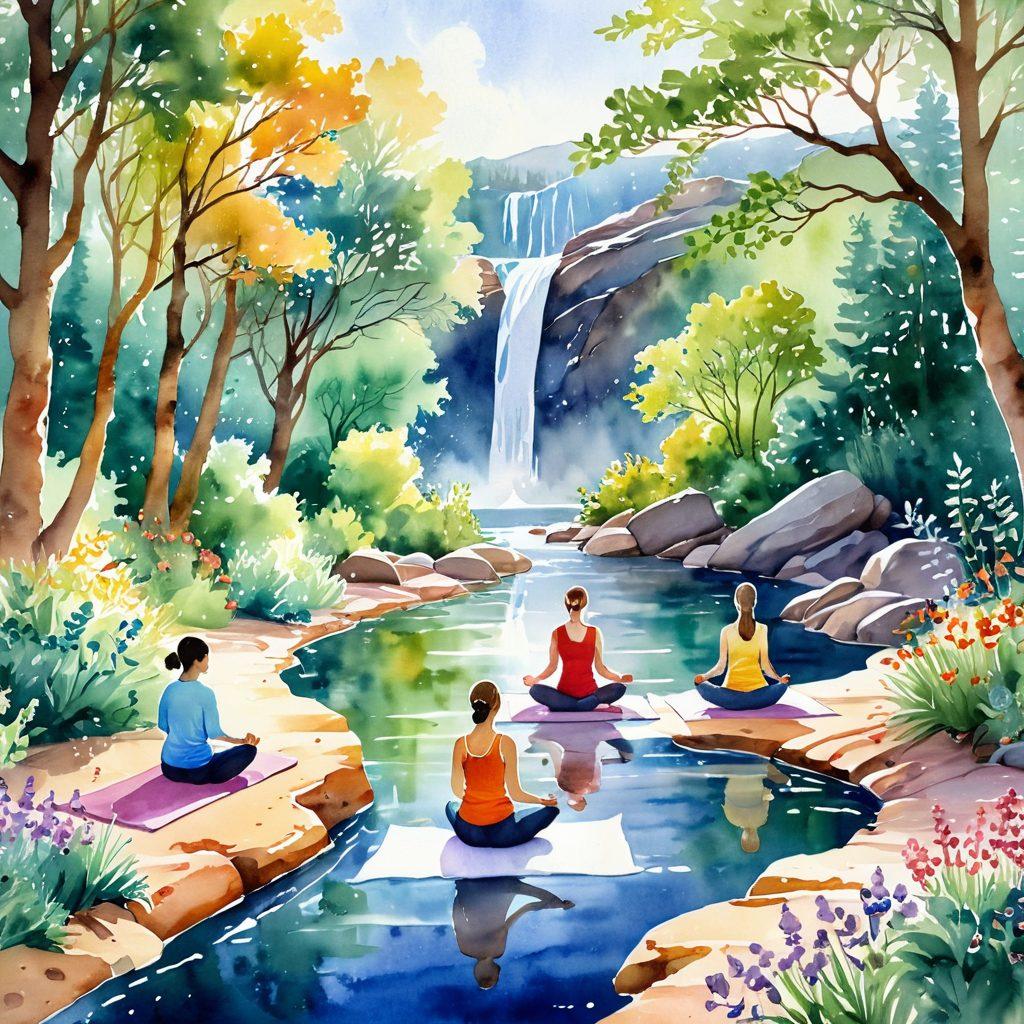 A serene landscape featuring a diverse group of people practicing holistic healing methods like yoga and meditation, surrounded by soothing nature elements such as flowing water and gentle sunlight. Include symbols of cancer awareness, such as ribbons, amidst vibrant flora, conveying hope and resilience. Art style: watercolor painting. warm colors. calming atmosphere.