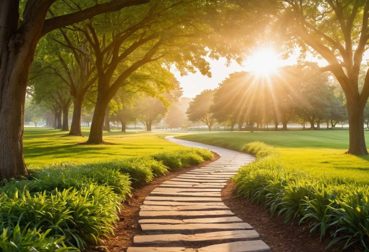 A serene pathway in a lush, green park symbolizing the journey to wellness, with cancer patients walking confidently alongside supportive friends and healthcare providers. In the background, a gentle sunrise represents hope and new beginnings, while wellness resources like books, pamphlets, and a supportive community signpost are artistically integrated into the scene. The atmosphere is warm and inviting, conveying strength and healing. super-realistic. vibrant colors. peaceful environment.
