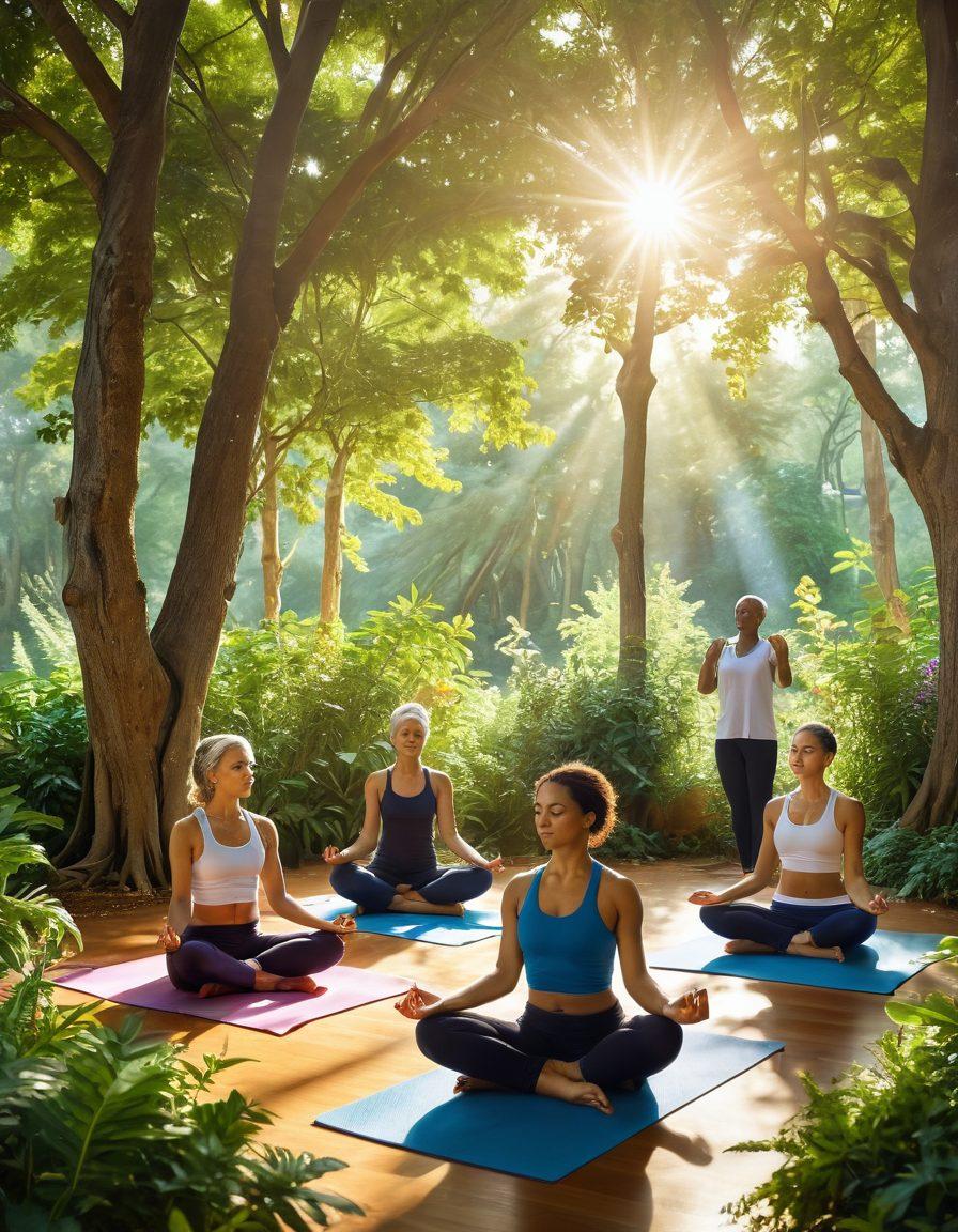 A serene and uplifting scene depicting a diverse group of individuals engaged in various wellness activities such as yoga, meditation, and healthy cooking, surrounded by vibrant greenery and sunlight filtering through trees. The atmosphere conveys a sense of hope and empowerment in cancer care, with symbols of strength, health, and community support incorporated harmoniously. super-realistic. vibrant colors. warm sunlight.